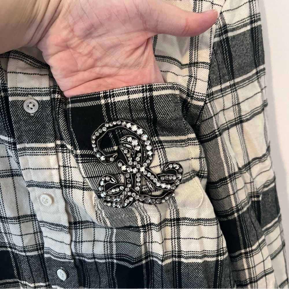 Polo Ralph Lauren Plaid Flannel Button Down Top Rhinestone Crest Black White XS - Picture 3 of 15